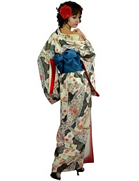 japanese woman'sl raw silk hand painted kimono antique