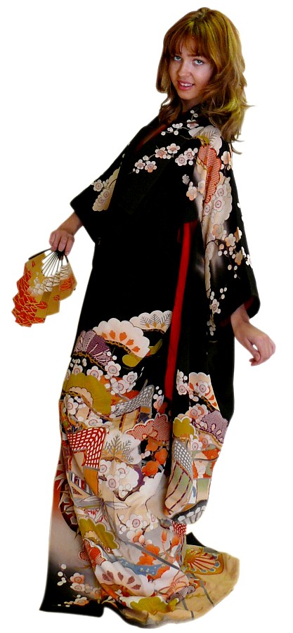 woman dressed in japanese antique kimono gown