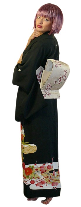 japanese black silk hand-painted kimono, 1930's