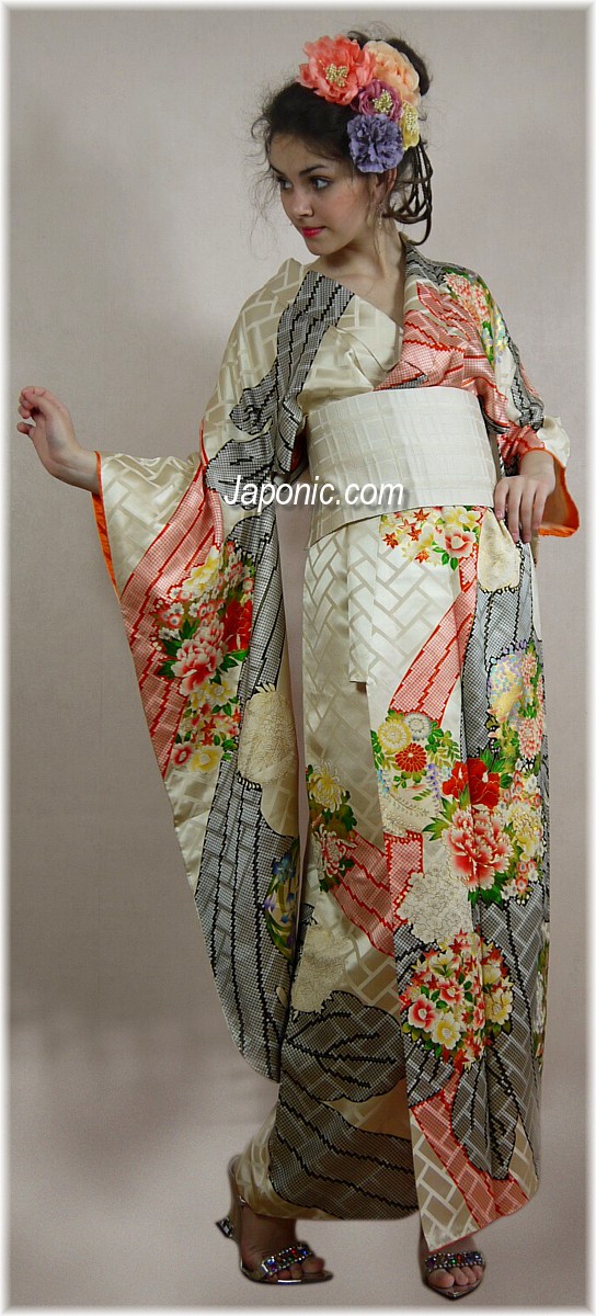japanese traditional silk kimono furisode, vintage