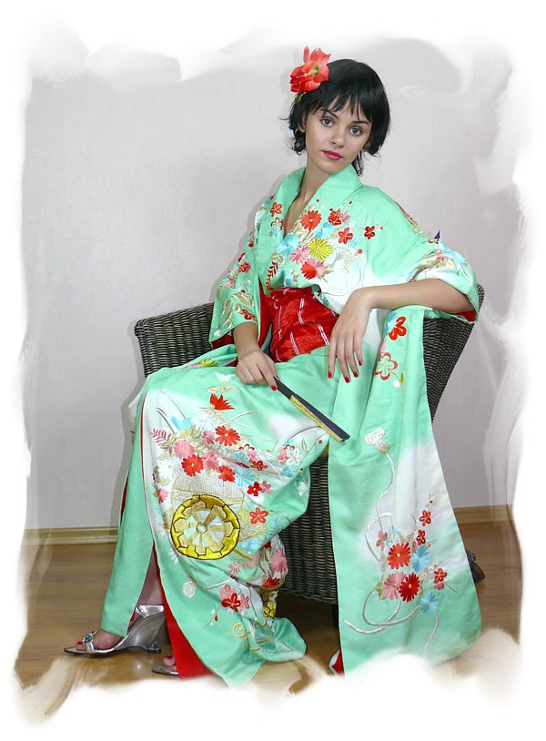 japanese silk embroidered traditional woman's kimono furisode